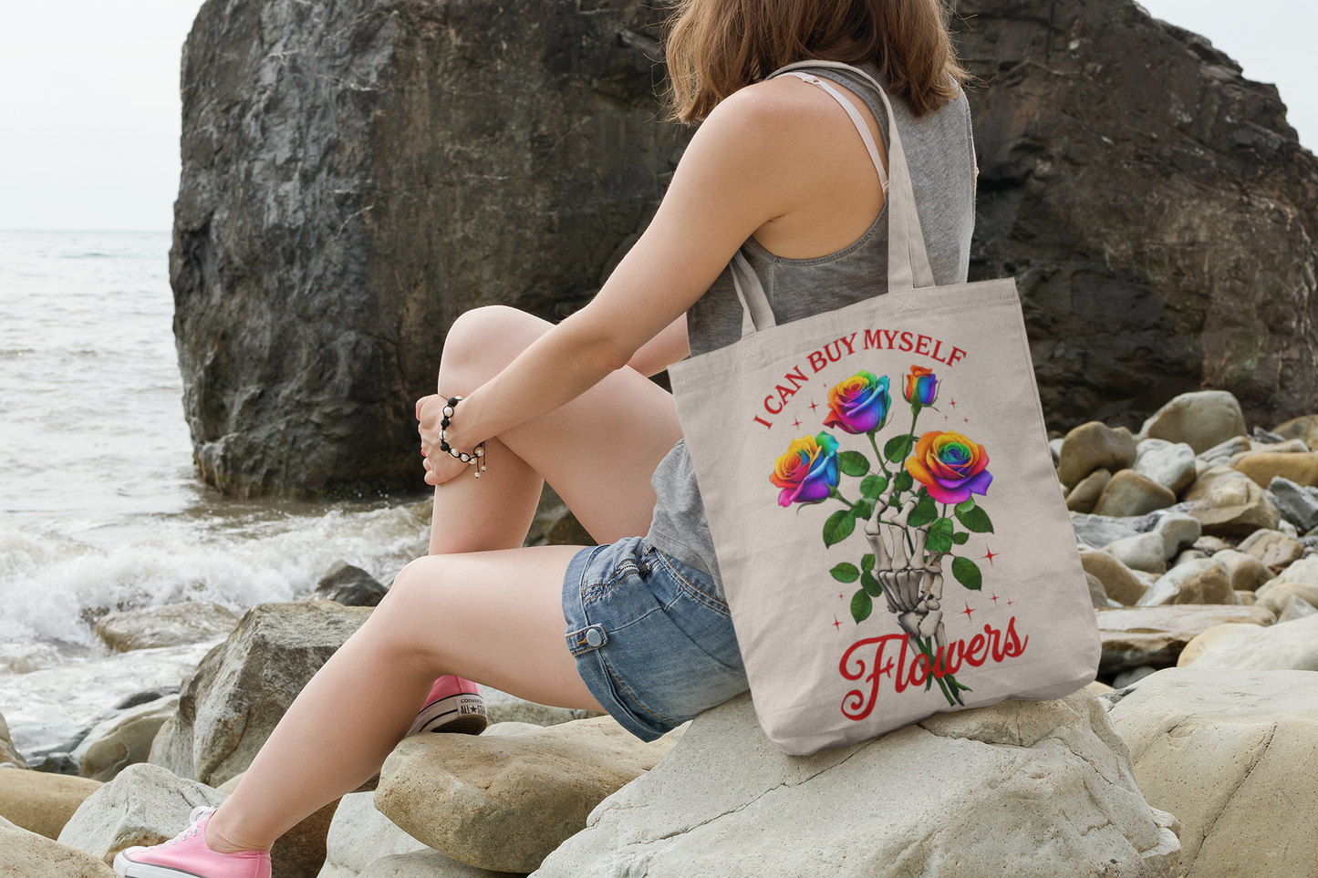 I Can Buy Myself Flowers Rainbow Rose Canvas Tote Bag