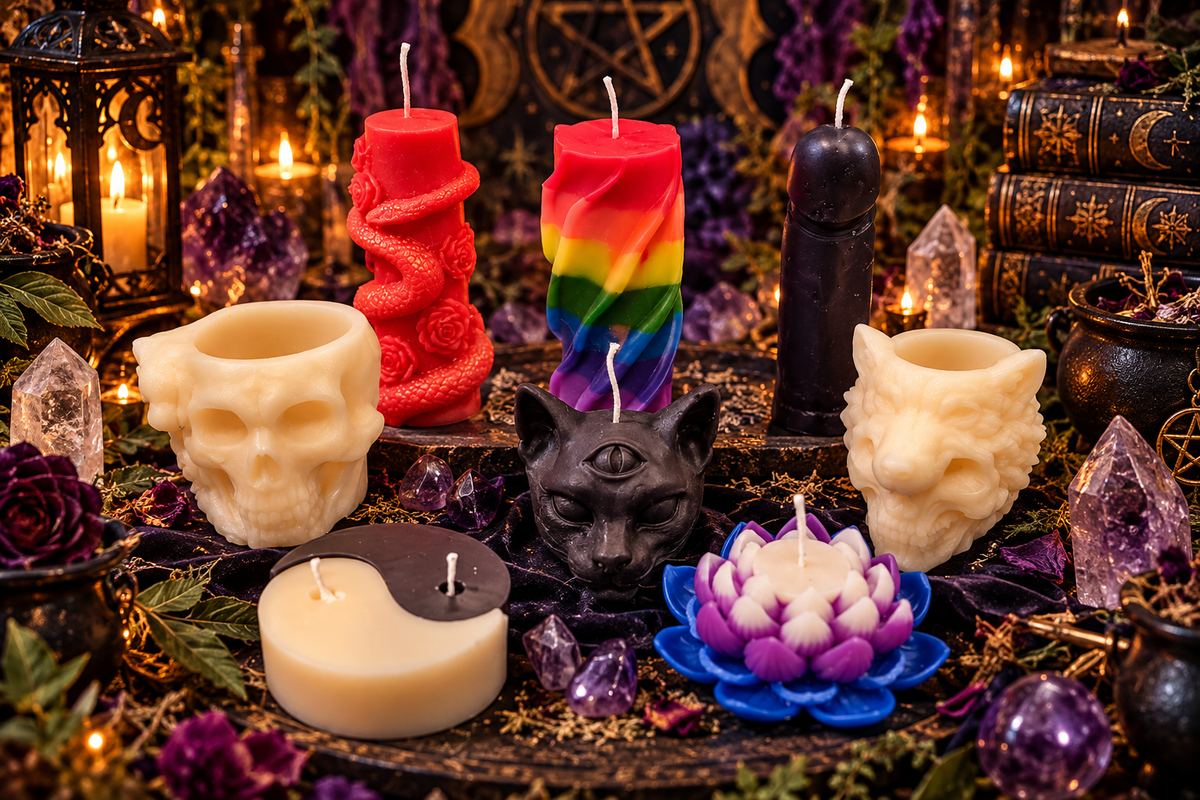 Handcrafted ritual pillar candles from Sapphire Witchy Boutique arranged on a mystical altar