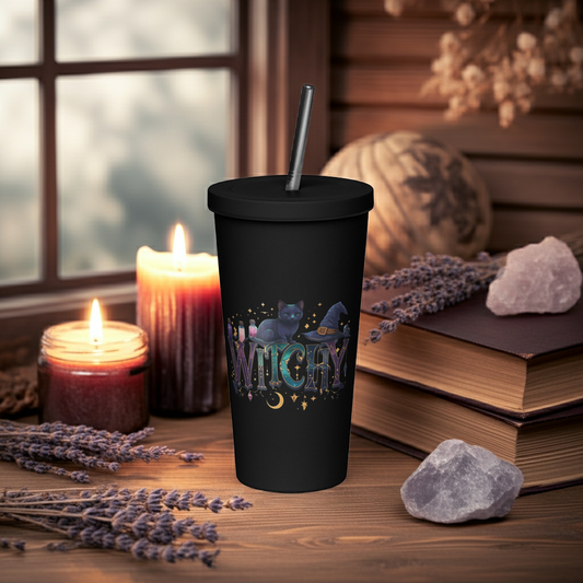 Black Cat Witchy tumbler with a straw